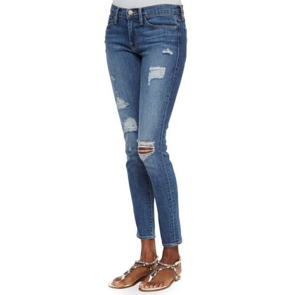 Frame Denim Le Skinny de Jeanne Medium Wash Stretch Skinny Jeans Distressed 26